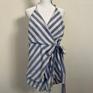 Luxxel Romper Blue White Striped Halter Wrap Tie Medium
